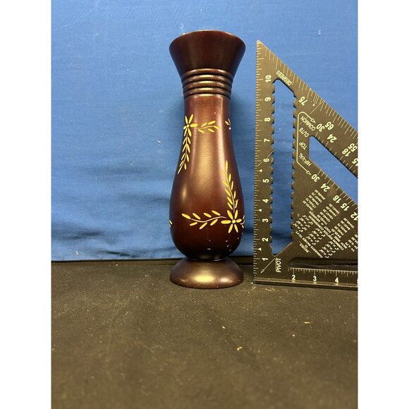 Handcrafted Wooden Vase With Yellow Leaf Design 10" Tall - Picture 2 of 2